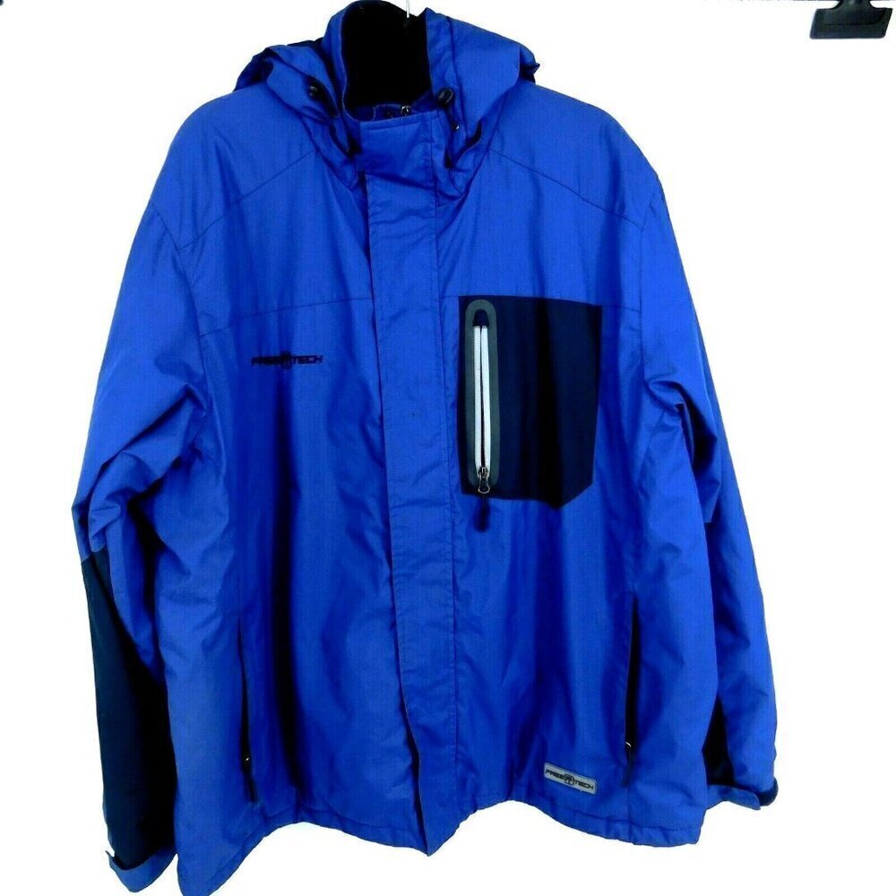 Free Tech Coat Mens Sz XL 46-48 Navy Blue Removeable Hood Medium Weight Pockets